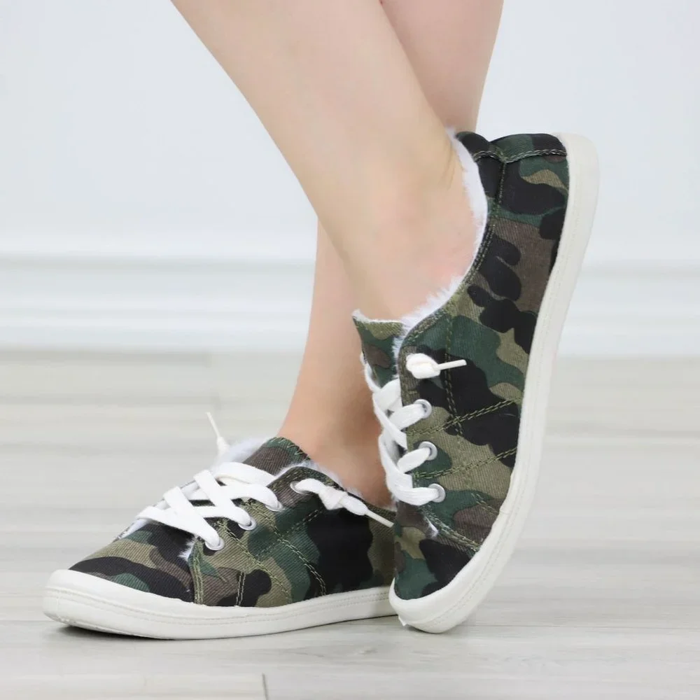 Camouflage Women's Flat Sneakers Canvas Lace Up Round Toe Warm Knit Lining - Picture 2 of 13